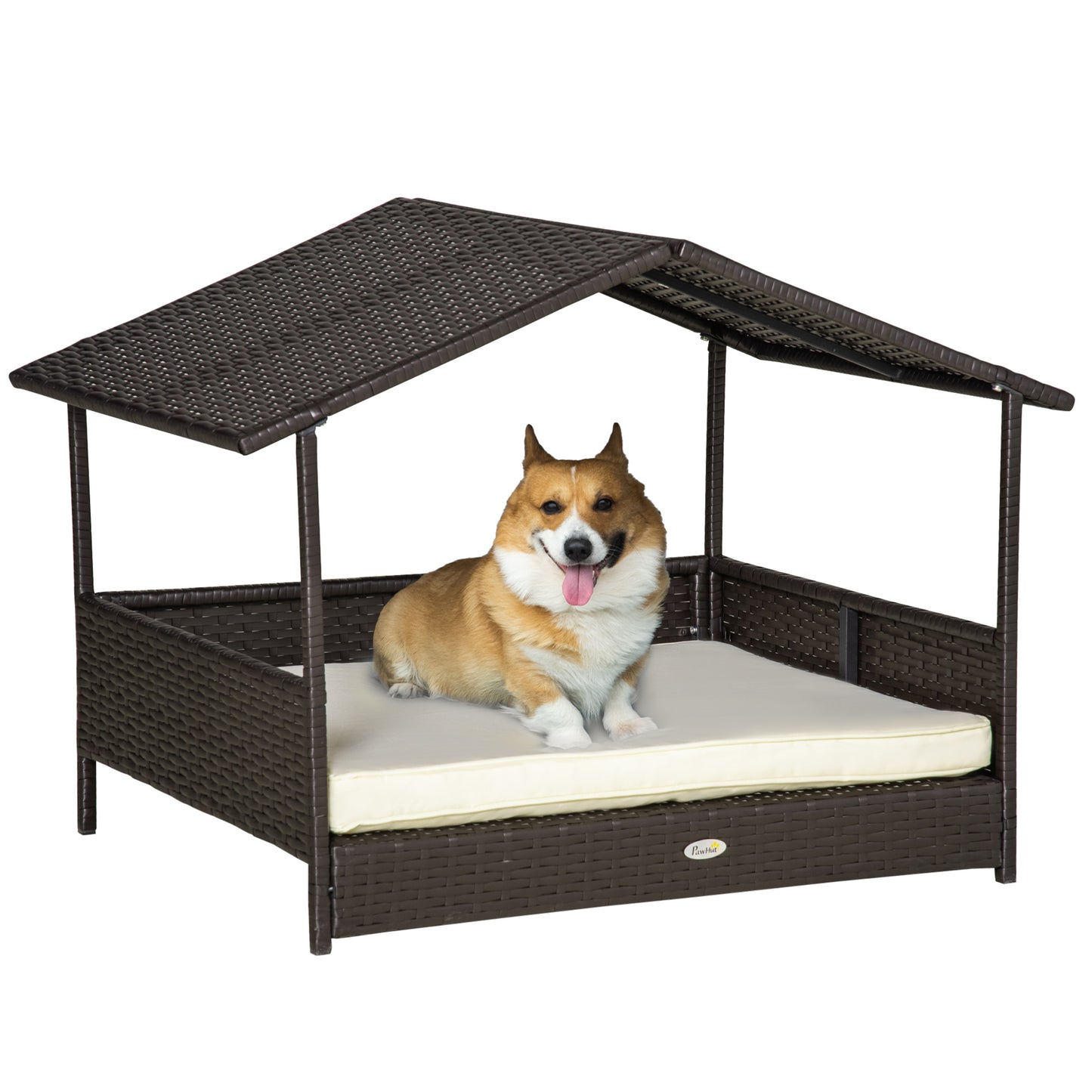 Elevated Rattan Dog House Outdoor with Canopy, Wicker Dog Bed with Water-Resistant Cushion, for Small and Medium Dogs Cream White