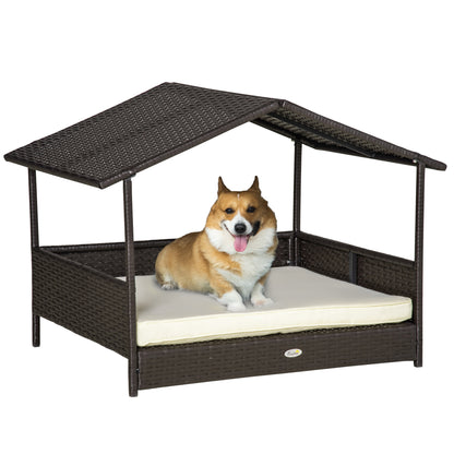 Elevated Rattan Dog House Outdoor with Canopy, Wicker Dog Bed with Water-Resistant Cushion, for Small and Medium Dogs Cream White