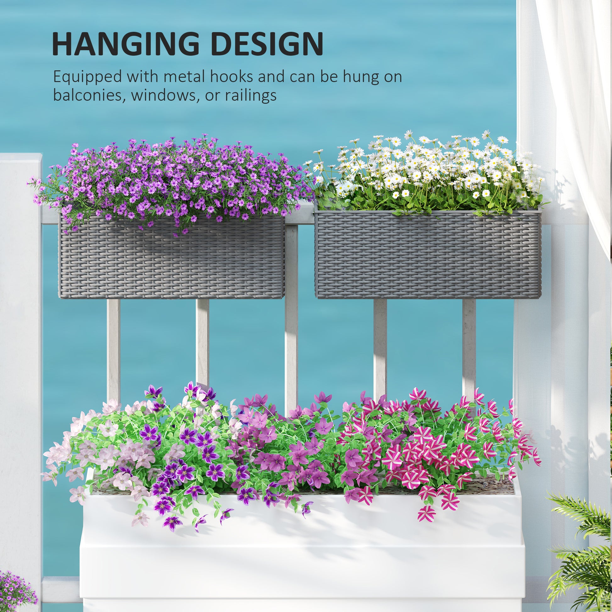 2 Pack 20 Inch Hanging Flower Pots, Railing Planter Box for Fence, Garden, Rattan Look, Grey