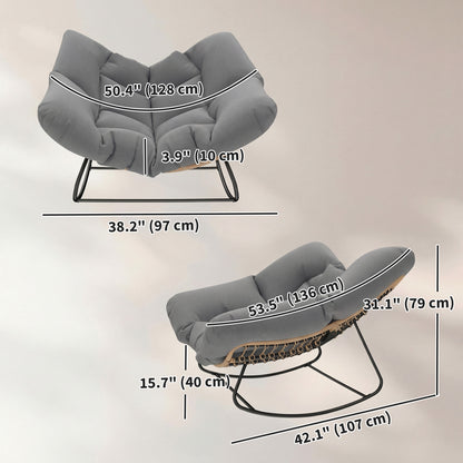Indoor Outdoor Papasan Rocking Chair, Oversized Rocking Egg Chair with Cushion for Garden, Patio, Grey