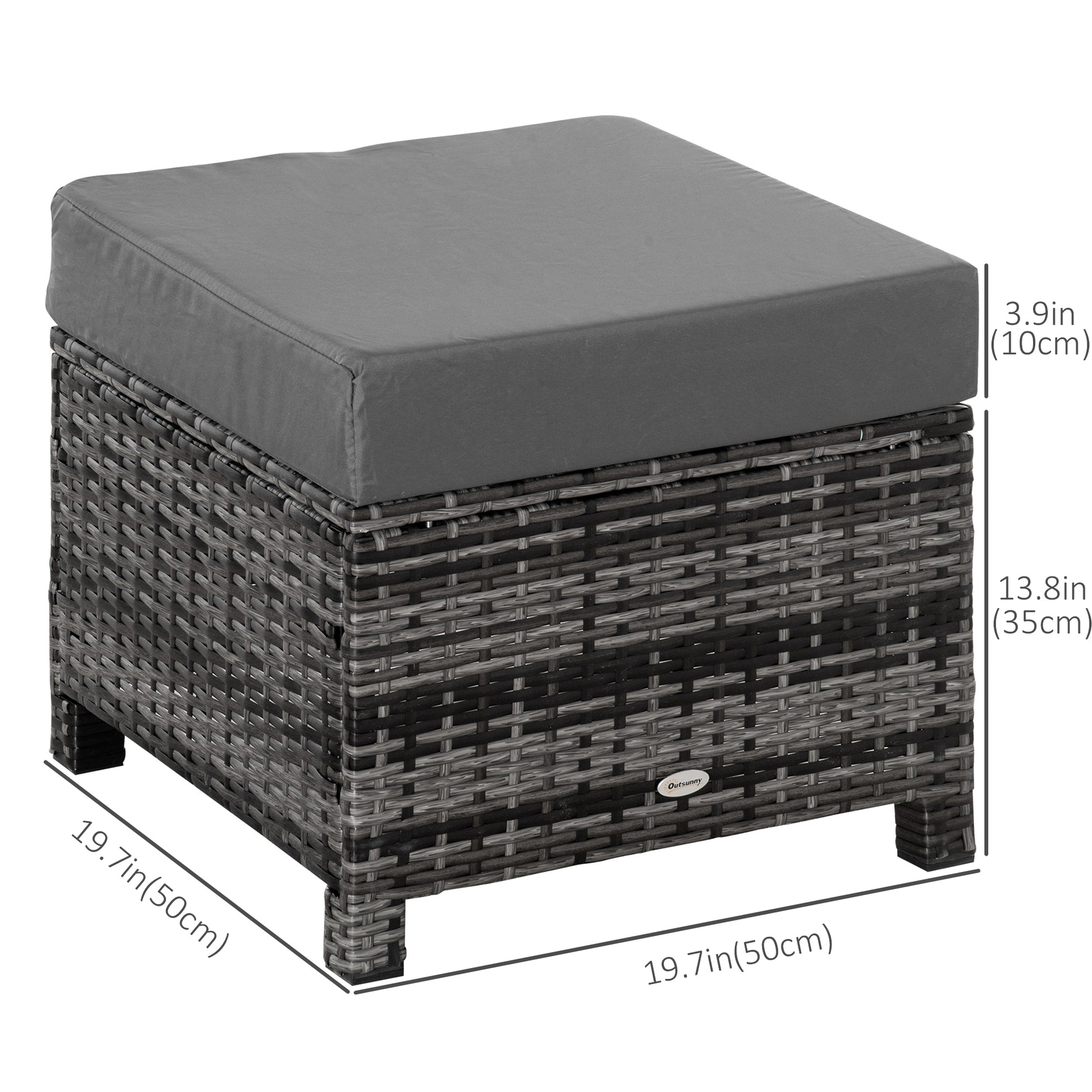 Patio Rattan Ottoman, Outdoor Wicker Footrest with Soft Cushion, Metal Frame for Backyard, Garden, and Poolside, Grey