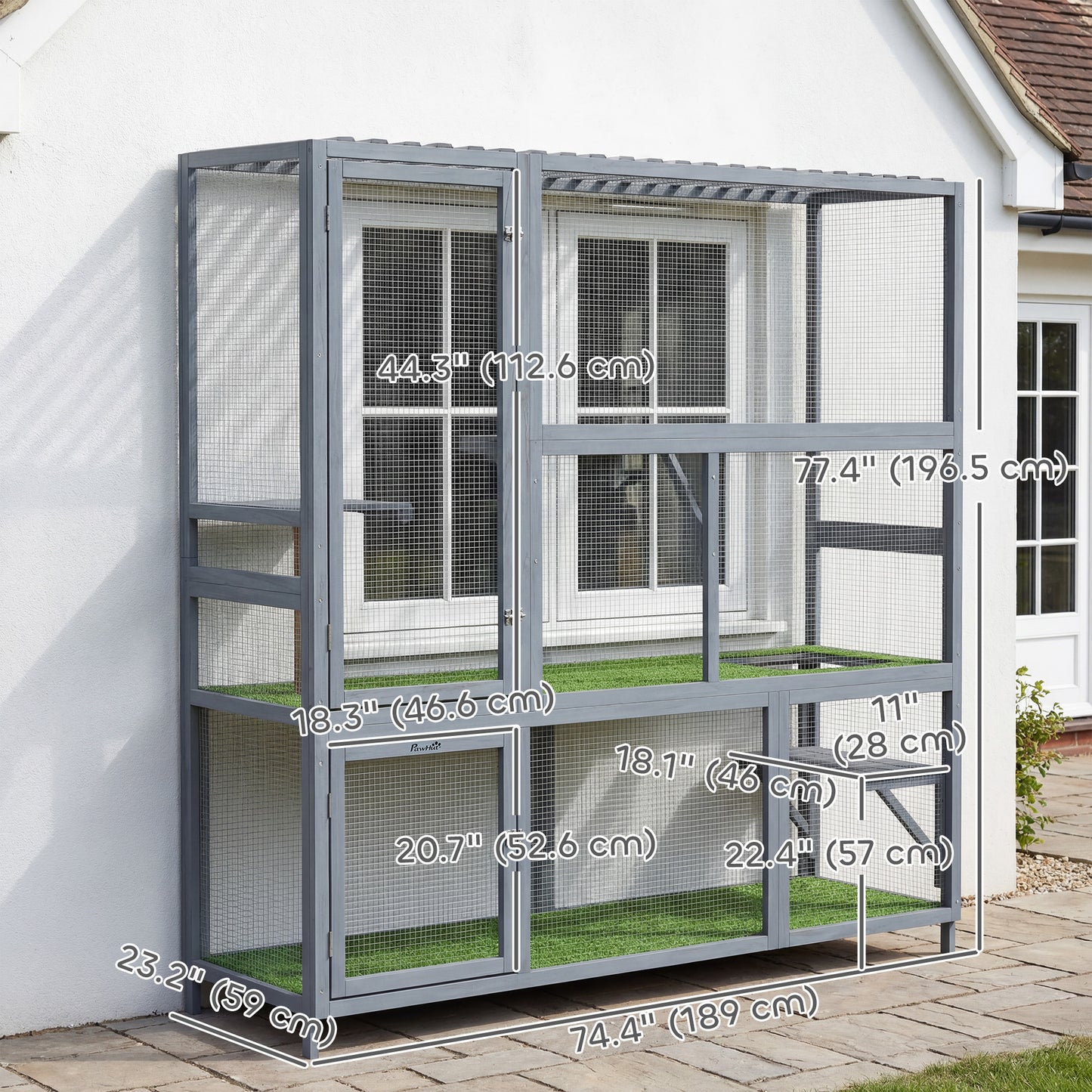 Catio Outdoor Cat Enclosure, 77" H Wooden Cat House with Weatherproof Roof, Platforms and Scratching Post