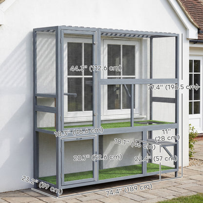 Catio Outdoor Cat Enclosure, 77" H Wooden Cat House with Weatherproof Roof, Platforms and Scratching Post