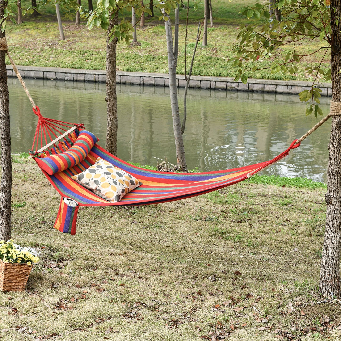 Cotton Hammock Portable Soft Swing Sleeping w/ Headrest & Side Pocket Deluxe Swing Chair for Beach, Yard, Bedroom, Patio, Porch, Indoor, Outdoor, Rainbow Stripes