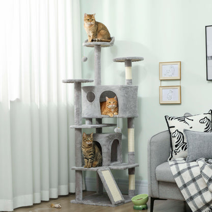 54" Cat Tree, Multi-Level Cat Tower with Scratching Posts, Cat Condos, Bed, Platforms, Ramp, Toy Ball, Light Grey