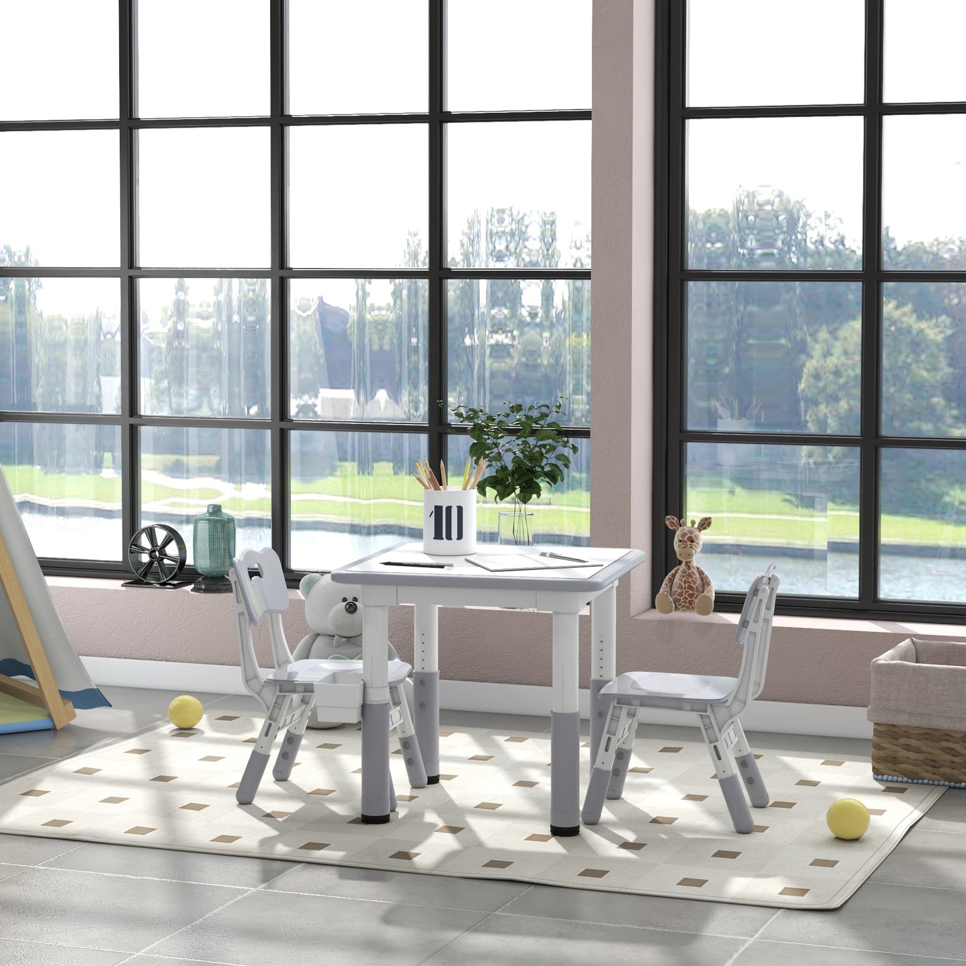 Qaba 3 Pieces Toddler Table and Chair Set, Height Adjustable Kids Table and Chair Set w/ Storage, for Playroom Grey