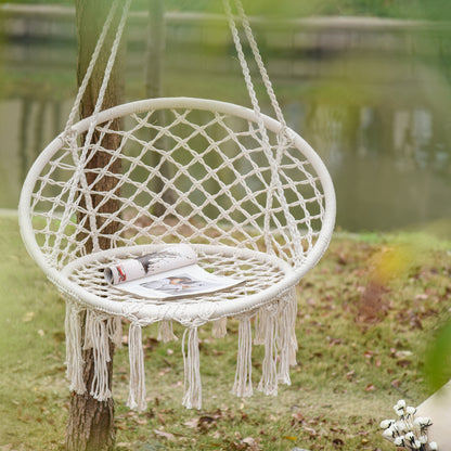 Patio Hammock Chair, Hanging Rope Hammock Swing for Indoor & Outdoor Use with Backrest, Cotton-Polyester Blend, Fringe Tassels, Cream White