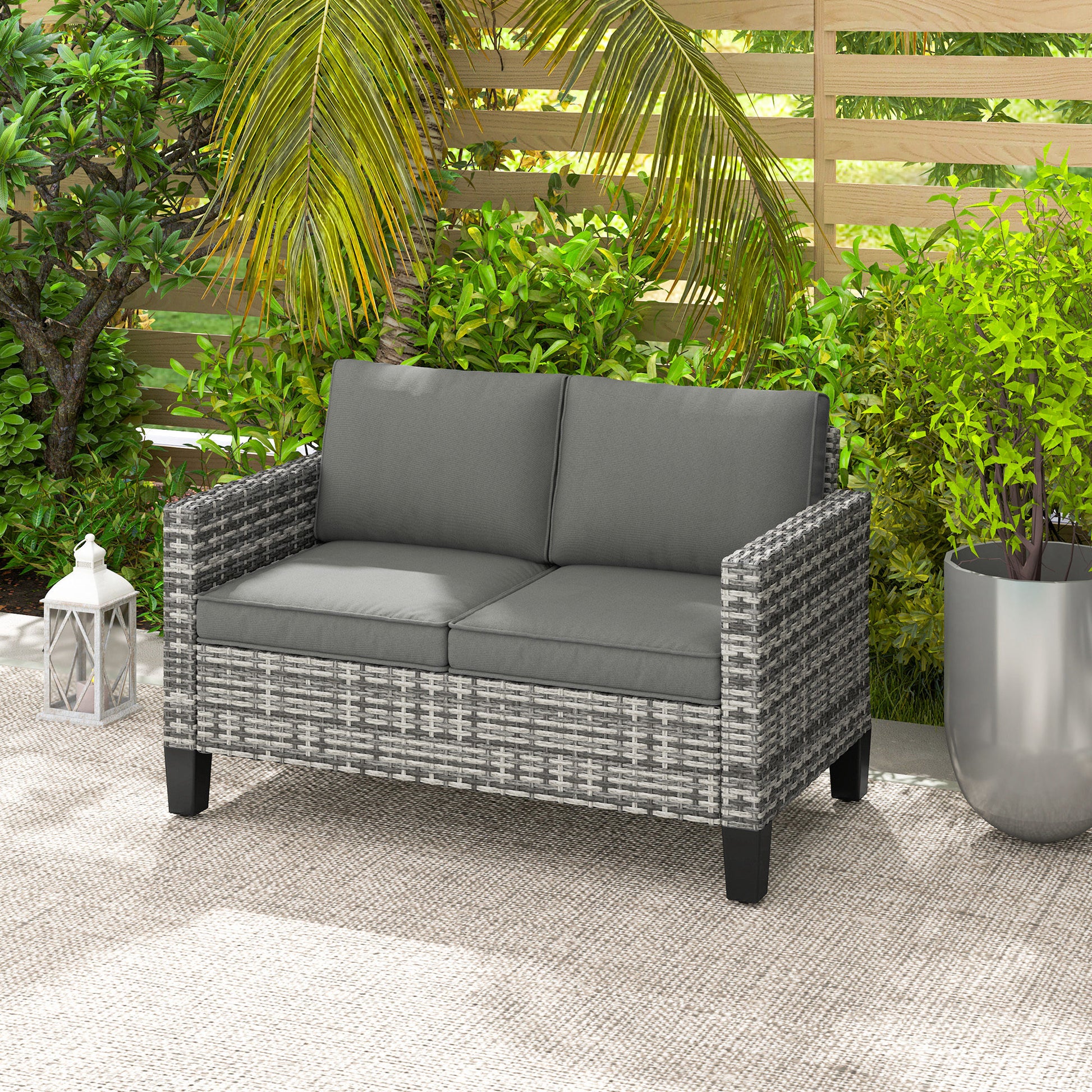 2 Seater Rattan Outdoor Sofa, Patio Couch Loveseat with Cushions and Armrests for Garden, Balcony, Dark Grey