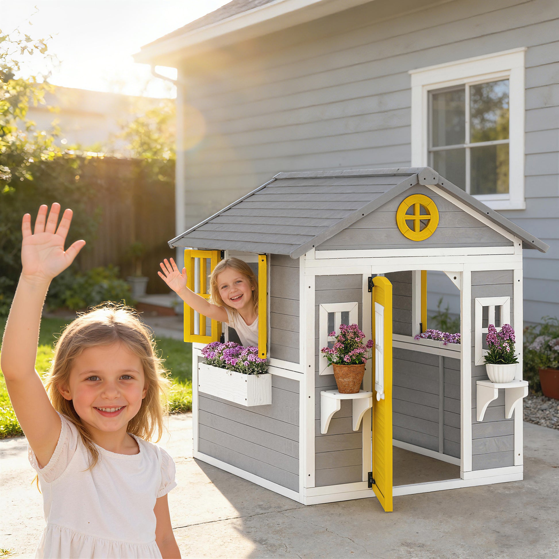 Wooden Playhouse for Kids Outdoor with Door, Windows, Planter Pots and Boxes for Toddlers 3-8 Years, Grey