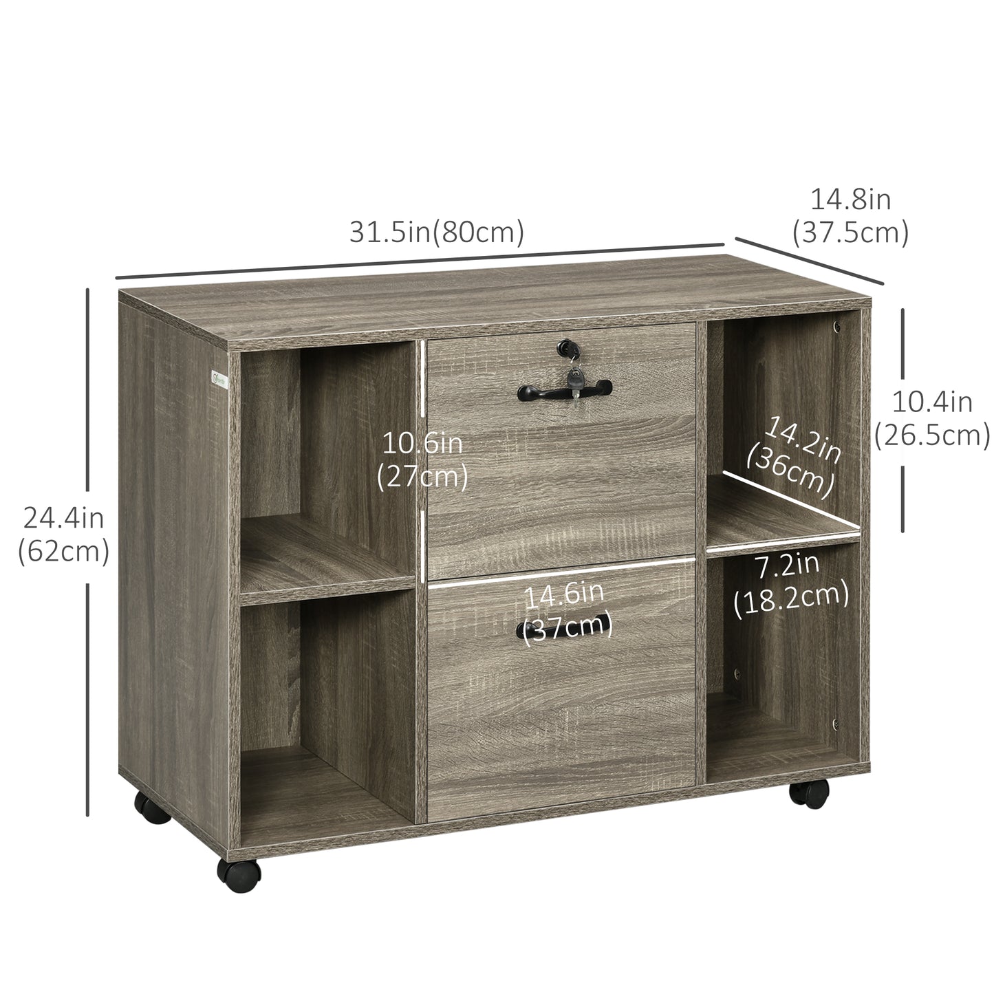 Lateral Filing Cabinet with Wheels and Lockable Drawer, File Cabinet, Mobile Printer Stand with Open Shelves for Letter and A4 Size Documents for Home Office, Grey