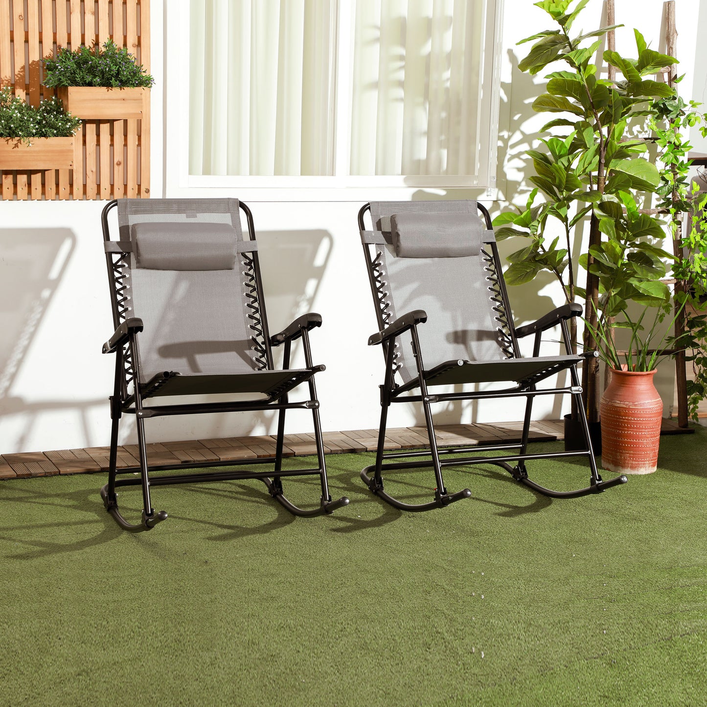 2pc Patio Foldable Rocking Chair Set w/ Breathable Mesh Seat & Backrest, Headrest for Park, Backyard, Garden, Grey
