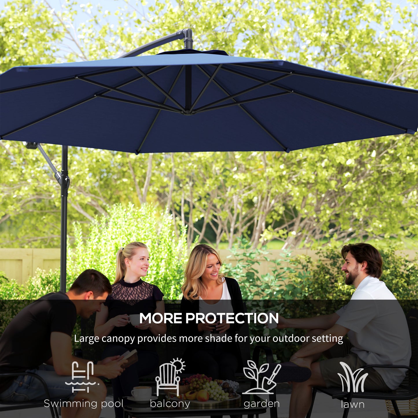 9.7ft Offset Patio UmbrellaCantilever Parasol with Crank Handle, 8 Ribs and Cross Base for Outdoor, Sun Shade, Blue