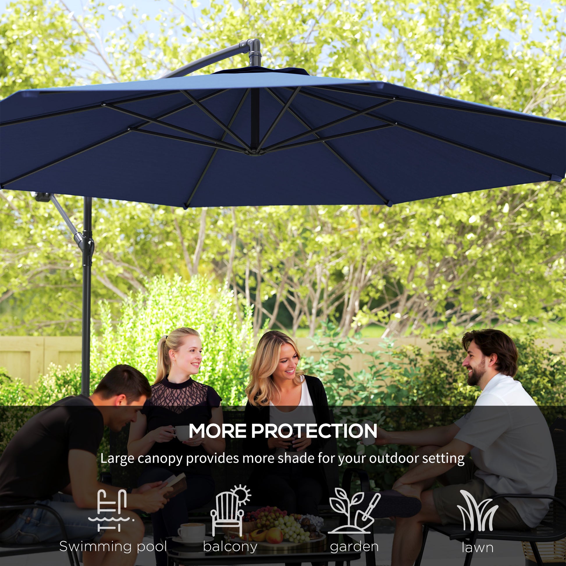 9.7ft Offset Patio UmbrellaCantilever Parasol with Crank Handle, 8 Ribs and Cross Base for Outdoor, Sun Shade, Blue