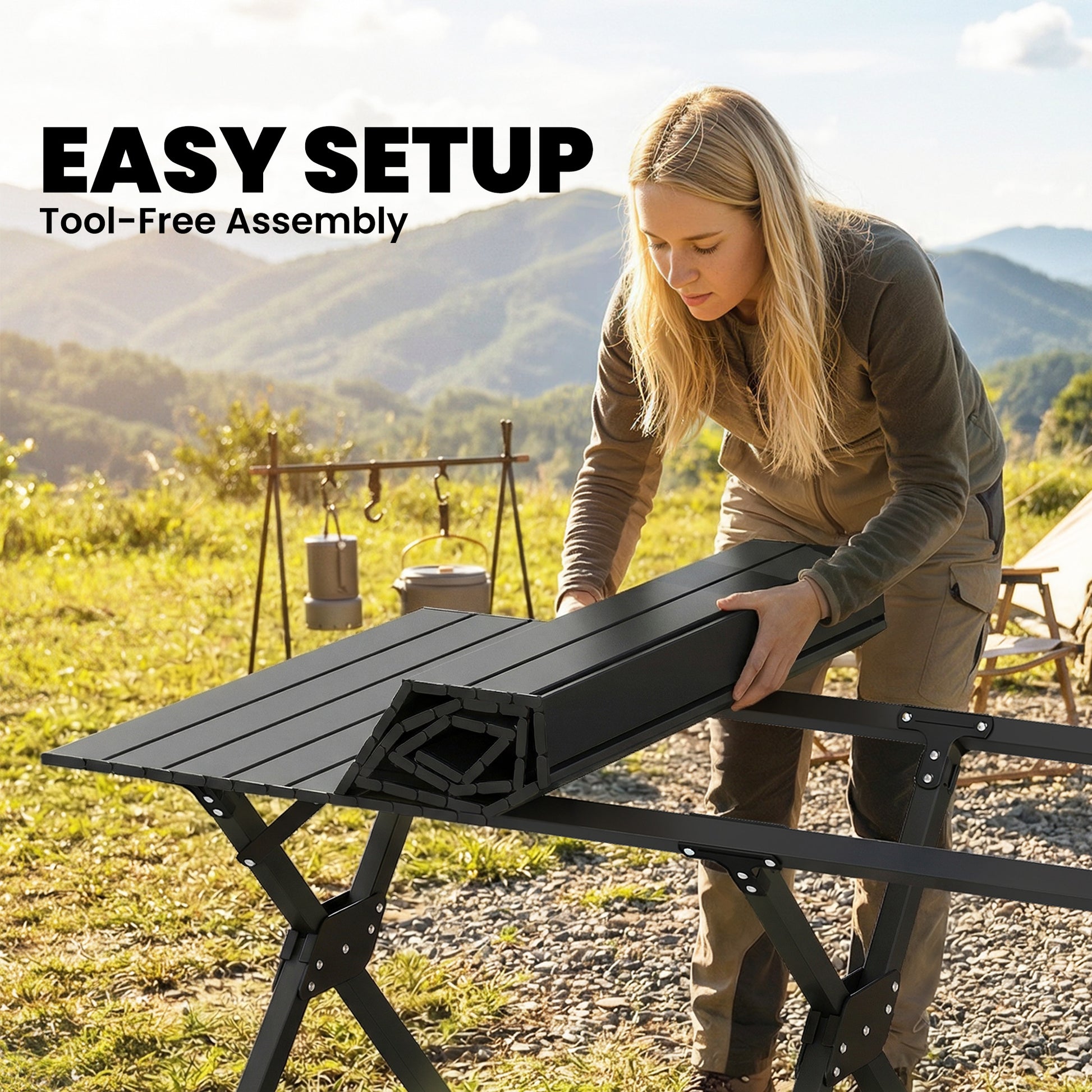 4ft Folding Camping Table, Waterproof Picnic Table with Roll Up Top and Metal Frame, Black