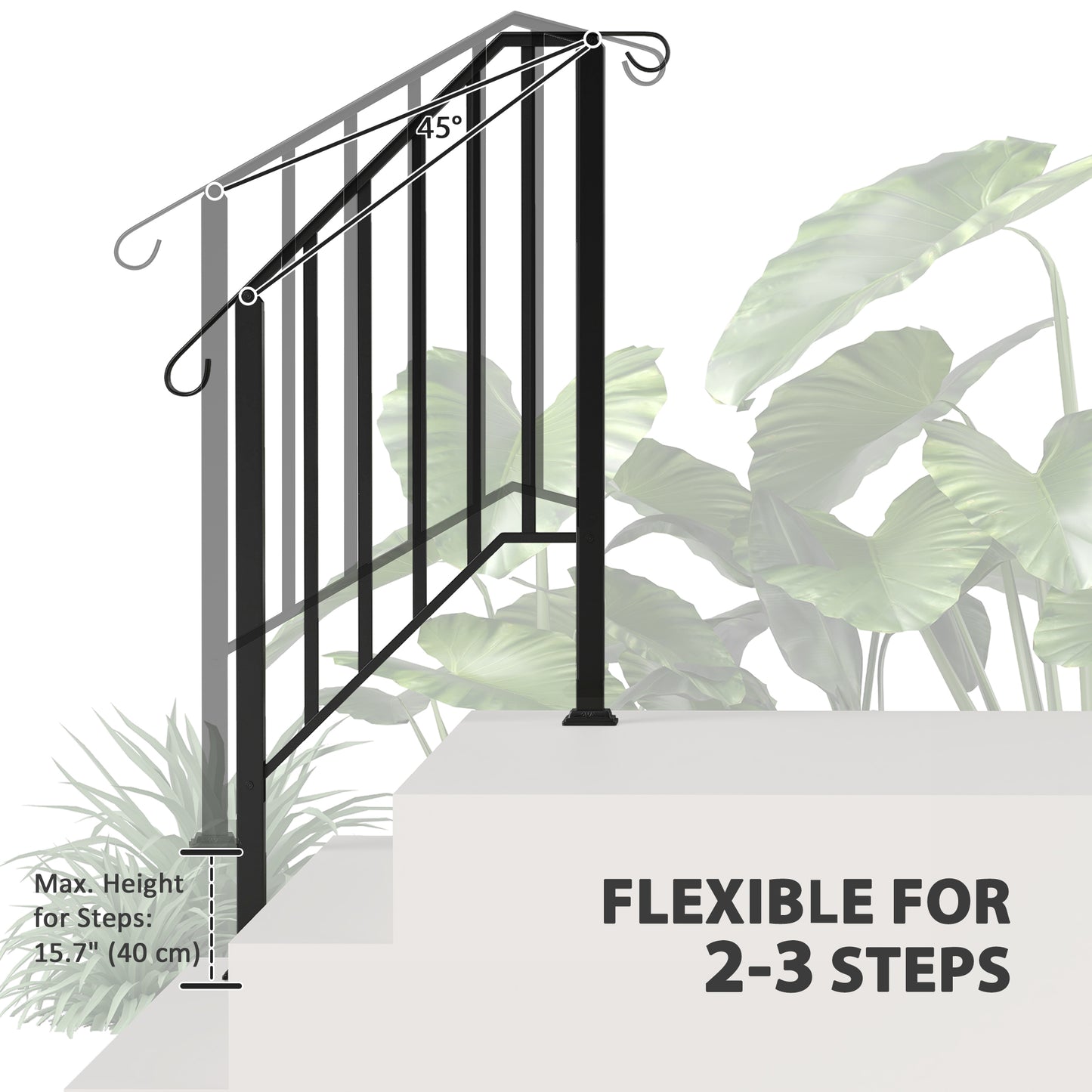 2-3 Step Handrails for Outdoor Steps, Metal Outdoor Stair Railing, Porch Deck Railing with Installation Kit, Black