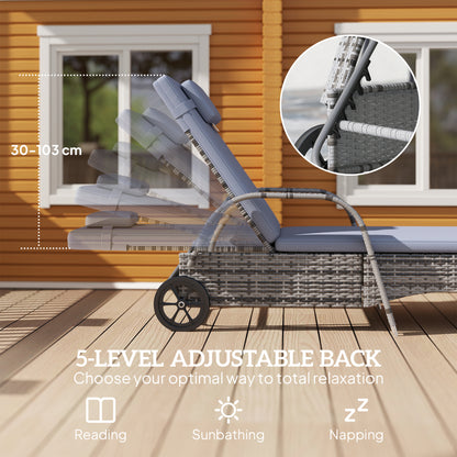 3 Pieces Wicker Patio Lounger Set with Table, PE Rattan Outdoor Lounge Chair Set with Cushions, Wheels, 5-Level Reclining Backrest, Headrest, Grey