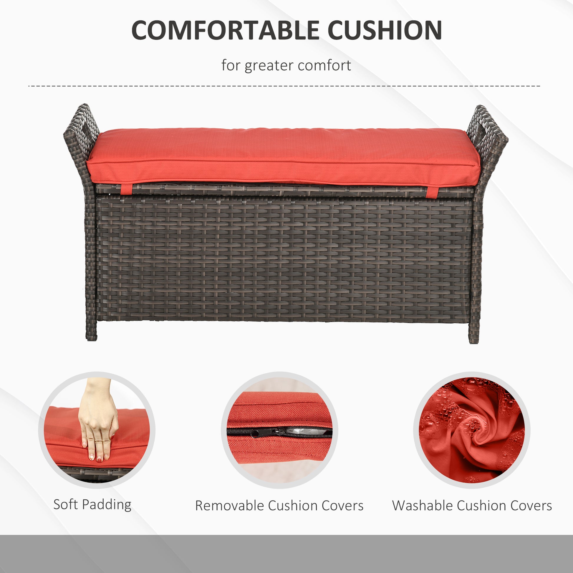2-In-1 Outdoor PE Rattan Storage Bench, 29 Gallon Patio Wicker Furniture, Basket Box with Handles and Cushion Red