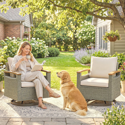 Patio Outdoor Swivel Chairs Set of 2, PE Rattan Patio Wicker Chair with Soft Cushions, Steel Frame, Cream White