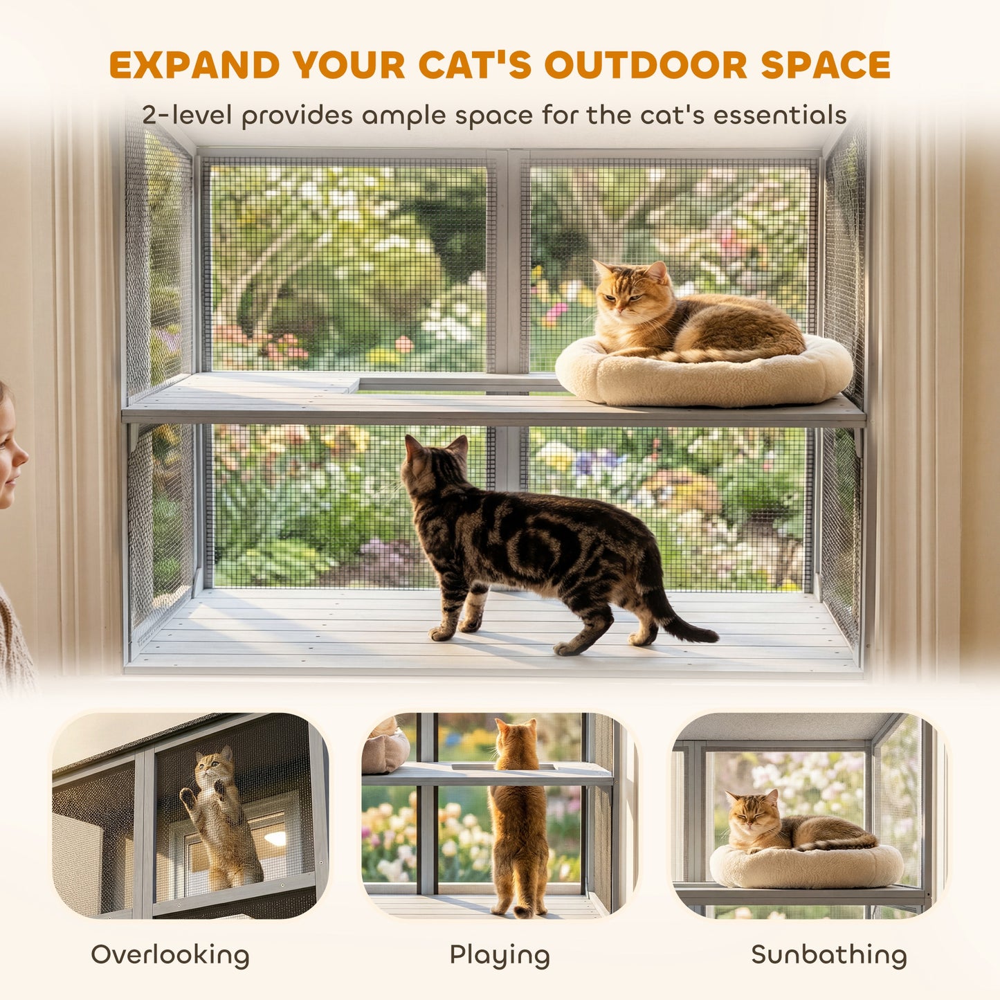 Catio Outdoor Cat Enclosure Wall-Mounted 2-Level Outdoor Cat House with Waterproof Roof 51.2" Grey