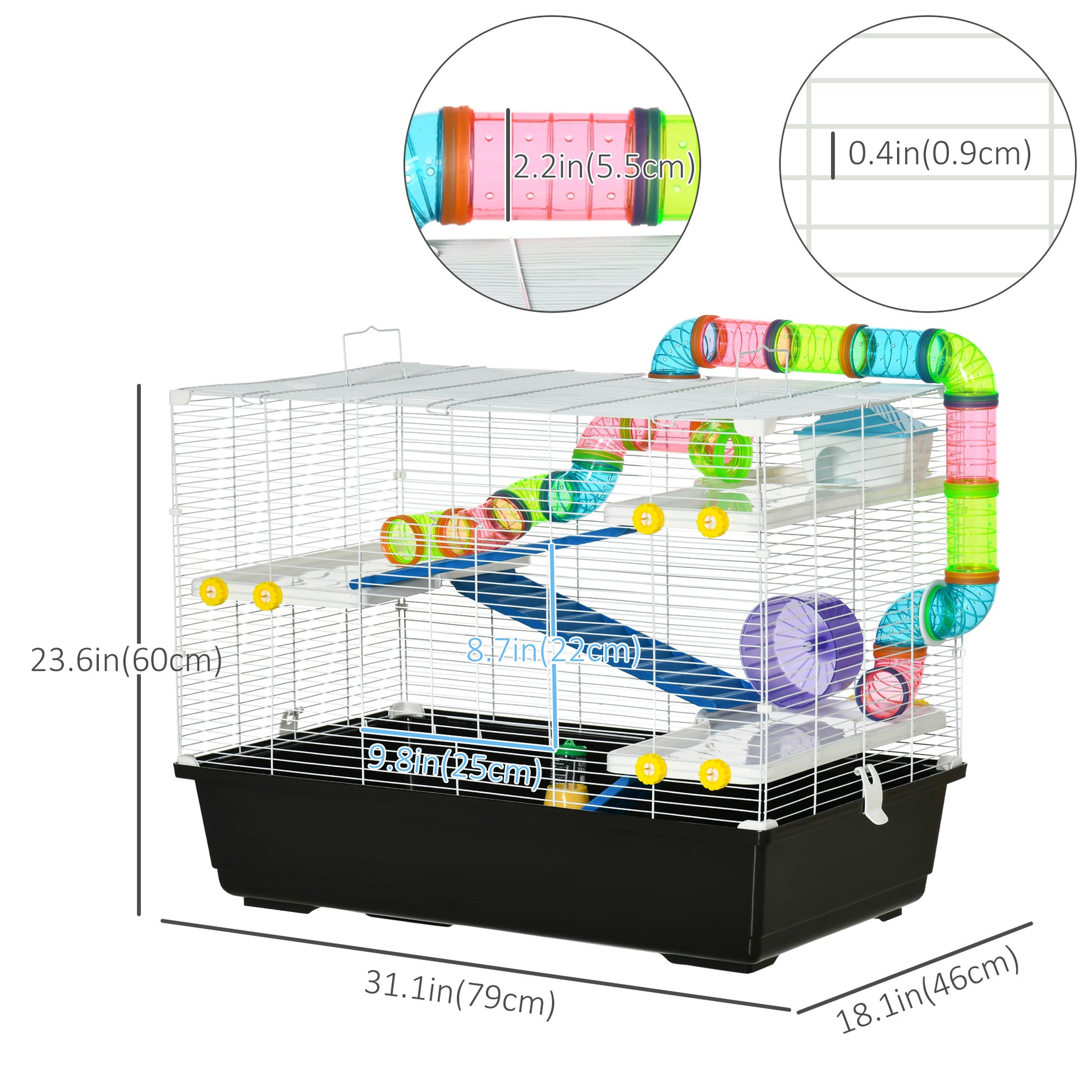 31" Large Hamster Cage, Small Animal House, Multi-storey Gerbil Haven, Tunnel Tube System, with Water Bottle, Exercise Wheel, Food Dish, Ramps, Black