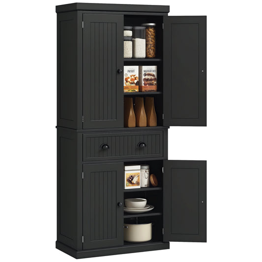 72" Kitchen Pantry, Freestanding Storage Cabinet with Drawer, Doors, Black