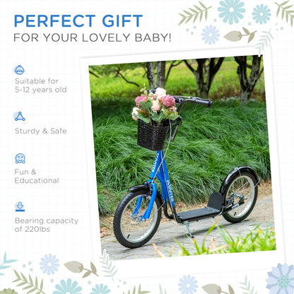 Aosom Kick Scooter with Adjustable Handlebar, Kids Scooter with 2 Brakes Basket Cupholder 16" Inflatable Rubber Tyres Blue