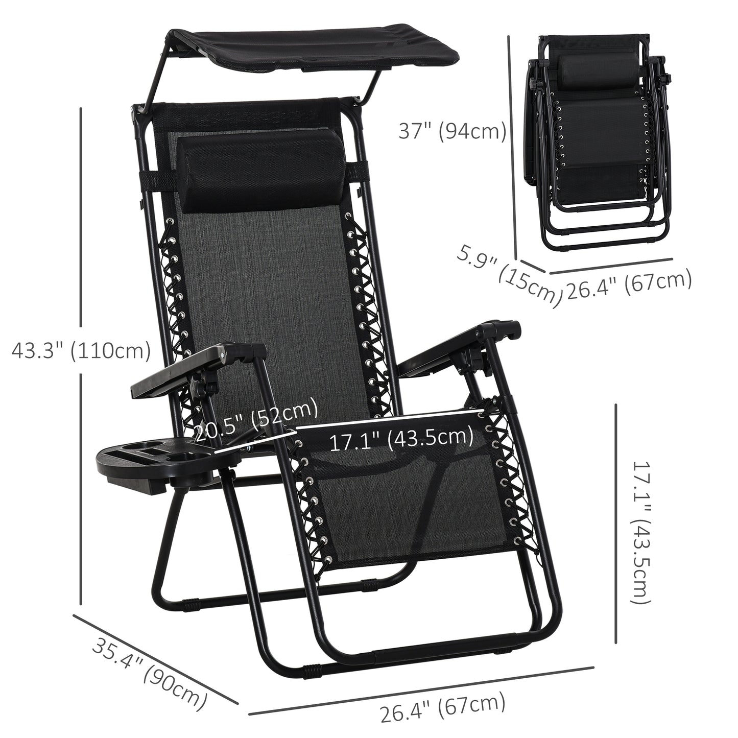 Outdoor Zero Gravity Reclining Lounger Chair with Canopy Shade, Side Tray, Cupholder, Black