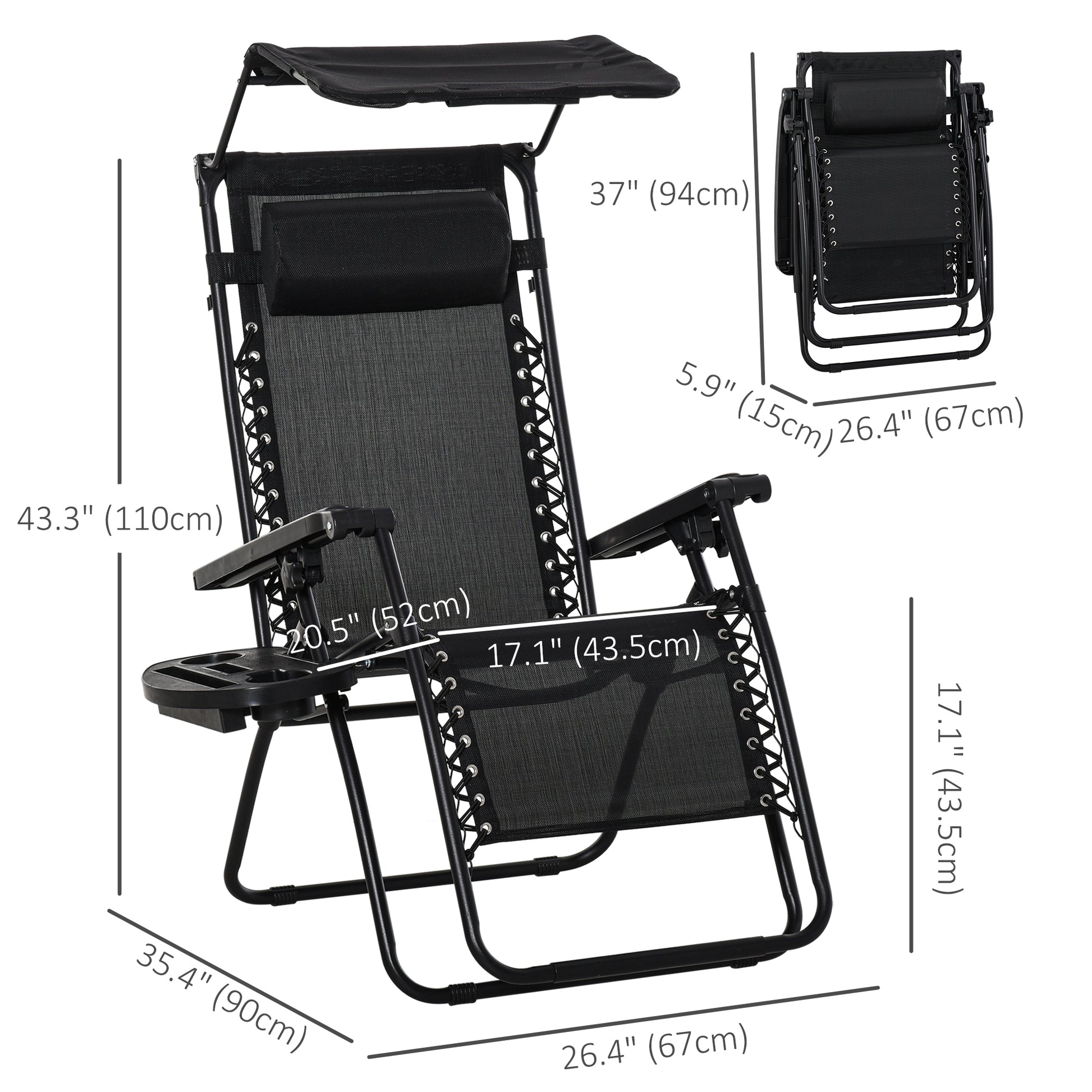 Outdoor Zero Gravity Reclining Lounger Chair with Canopy Shade, Side Tray, Cupholder, Black