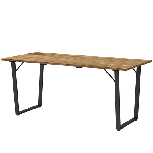 Wooden Outdoor Dining Table for 6 with 2" Umbrella Hole, Slatted Tabletop, Metal Frame, for Yard, Deck, Lawn