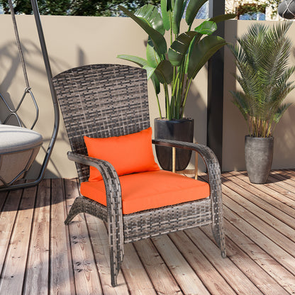 Patio Wicker Adirondack Chair, Outdoor PE Rattan Fire Pit Chair, Muskoka Chair w/ Soft Cushions, Tall Curved Backrest and Comfortable Armrests for Deck Garden, Orange