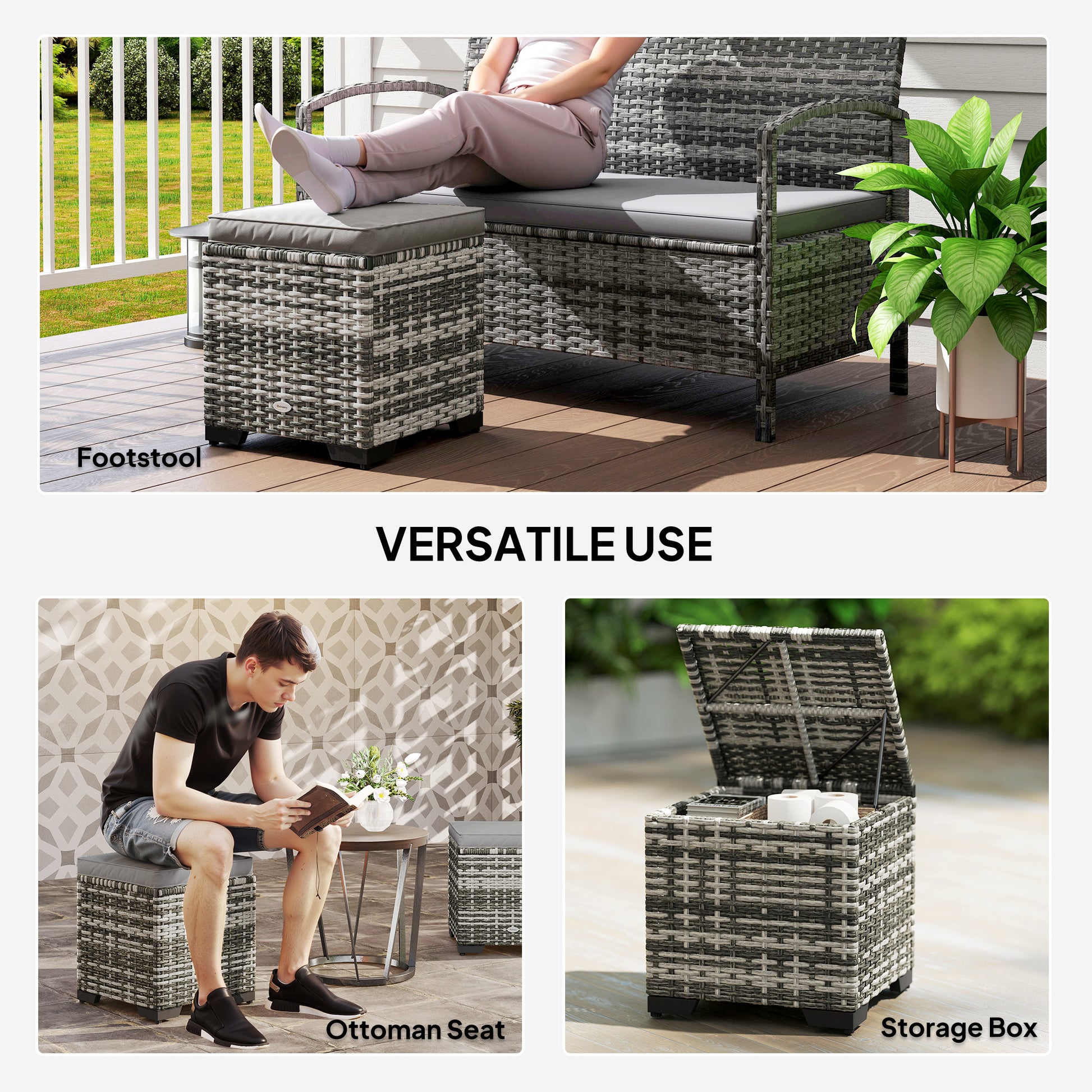 Set of 2 Wicker Ottoman, Outdoor Footstool with Storage & Removable Cushions for Poolside, Patio, Deck, Grey