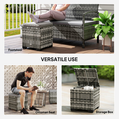 Set of 2 Wicker Ottoman, Outdoor Footstool with Storage & Removable Cushions for Poolside, Patio, Deck, Grey