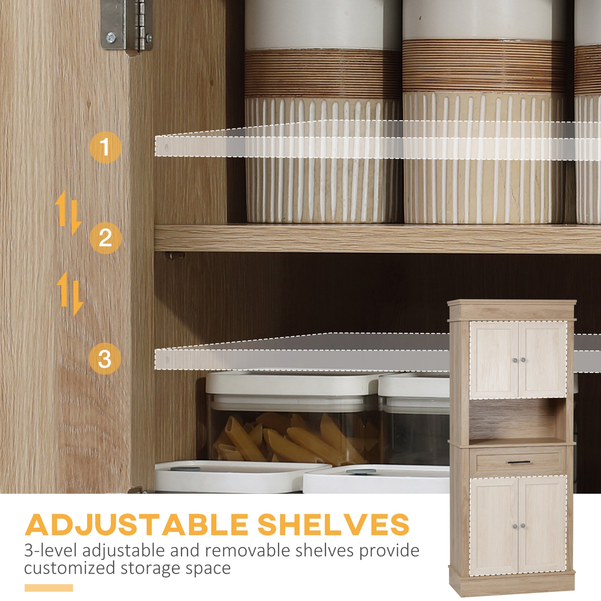 Modern Freestanding Kitchen Pantry Cabinet with Doors Open Shelves Adjustable Shelving Microwave Space, Oak