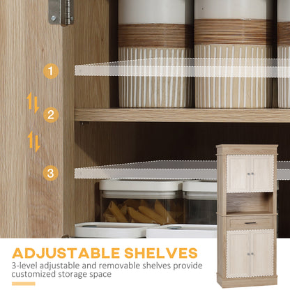 Modern Freestanding Kitchen Pantry Cabinet with Doors Open Shelves Adjustable Shelving Microwave Space, Oak