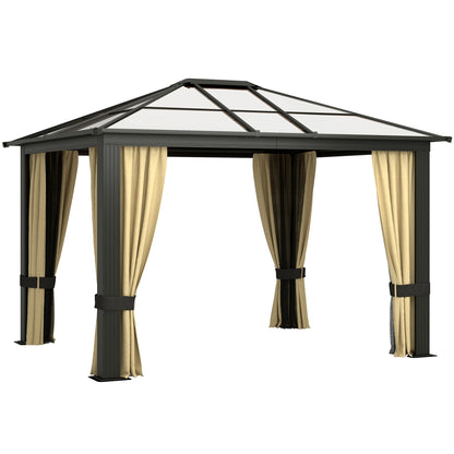 10' x 12' Hardtop Gazebo Canopy with Polycarbonate Roof, Aluminum Frame, Netting, Curtains and Ceiling Hook, Brown