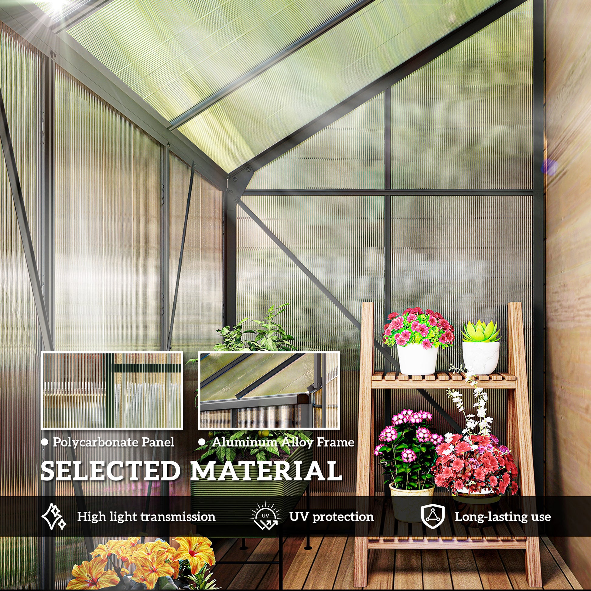 6' x 4' Aluminum Lean-to Greenhouse Polycarbonate Walk-in Greenhouse with Rain Gutter and Sliding Door, Dark Grey