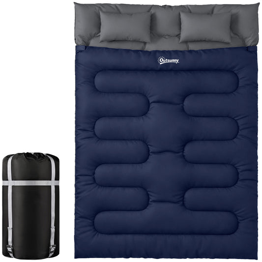 Double Sleeping Bag for Adults, Queen Size 2 Person Sleeping Bag with 2 Pillows, for Cold Weather & Warm, Blue