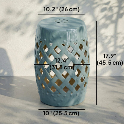 18" Ceramic Garden Stool with Woven Lattice Design, Indoor & Outdoor Decorative Accent Stool, Blue