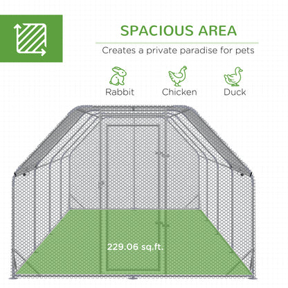 Chicken Run, Galvanized Large Metal Chicken Coop Cage, Walk-in Enclosure Poultry Hen Run House Playpen Rabbit Hutch with Flat Roof, Cover, 9.2' x 24.9' x 6.5', Silver