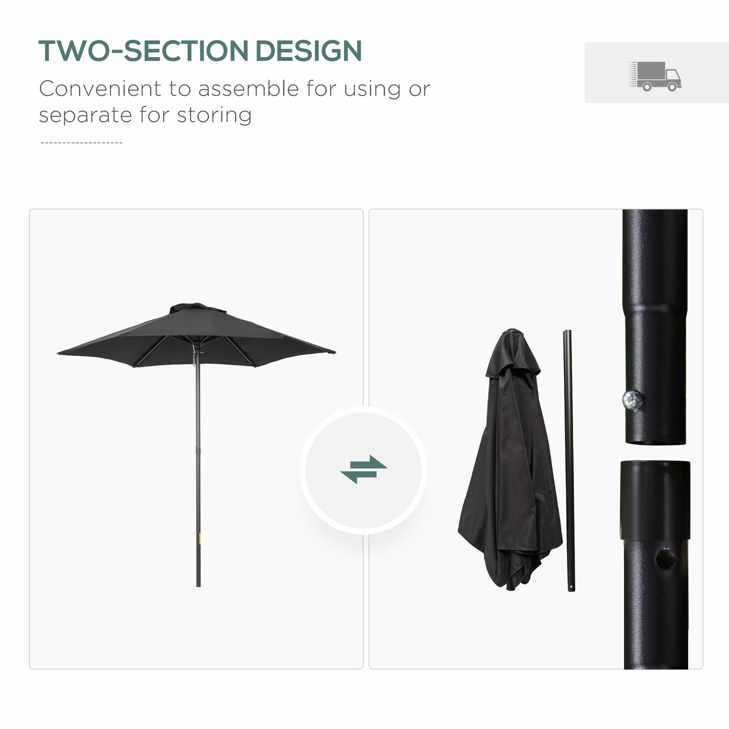 6.6FT Patio Umbrella, Outdoor Parasol with 6 Solid Ribs, Black