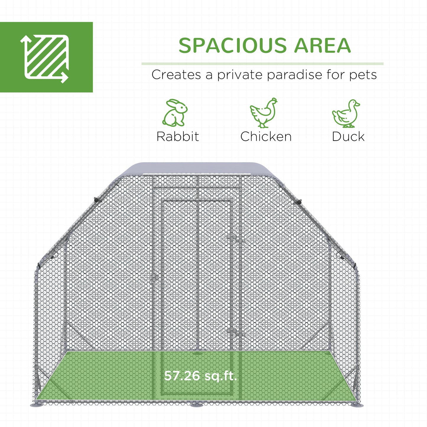 Chicken Run, Galvanized Large Metal Chicken Coop Cage, Walk-in Enclosure Poultry Hen Run House Playpen Rabbit Hutch with Flat Roof, Cover, 9.2' x 6.2' x 6.5', Silver