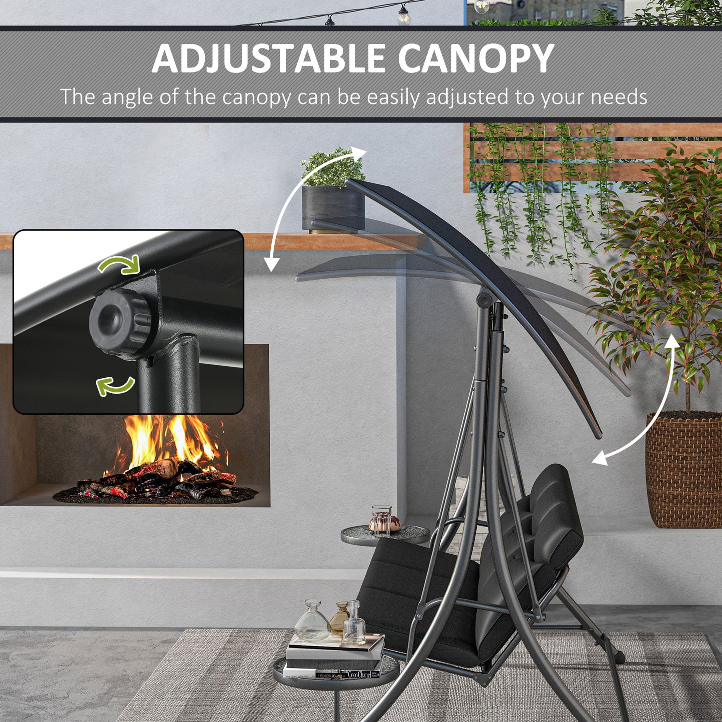3 Seat Outdoor Swing Chair Steel Swing Bench Porch Swing With Adjustable Canopy & Coffee Tables & Cushion for Patio Garden, Black