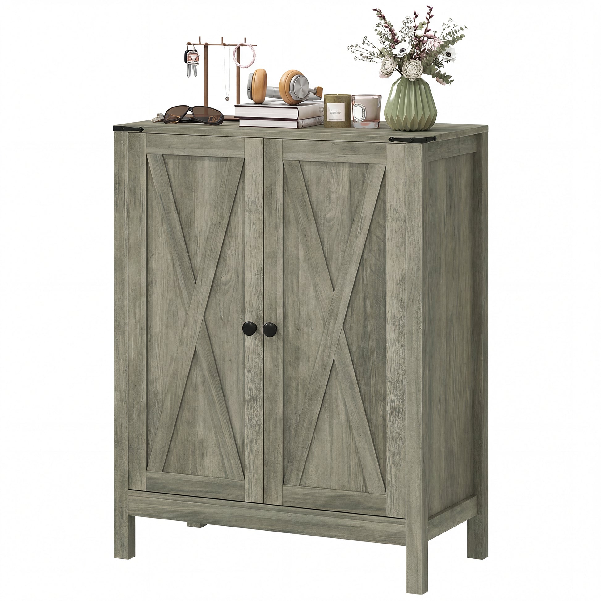 Shoe Cabinet with Barn Doors, Farmhouse Shoe Storage Cabinet with Adjustable Shelves, Holds up to 15 Pairs, Grey