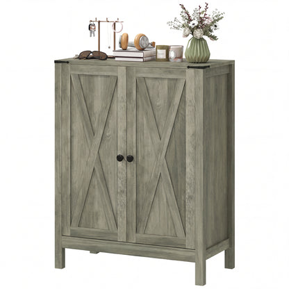 Shoe Cabinet with Barn Doors, Farmhouse Shoe Storage Cabinet with Adjustable Shelves, Holds up to 15 Pairs, Grey