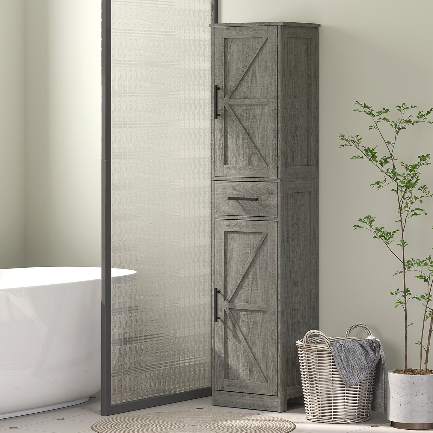67" Tall Bathroom Cabinet, Narrow Bathroom Storage Cabinet with Drawer, Barn Doors and Adjustable Shelves, Dark Grey
