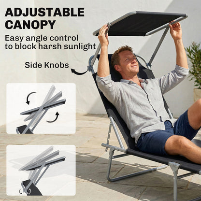 Outdoor Lounge Chair, Adjustable Folding Chaise Lounge, Tanning Chair with Sun Shade for Beach, Camping, Hiking, Backyard, Black