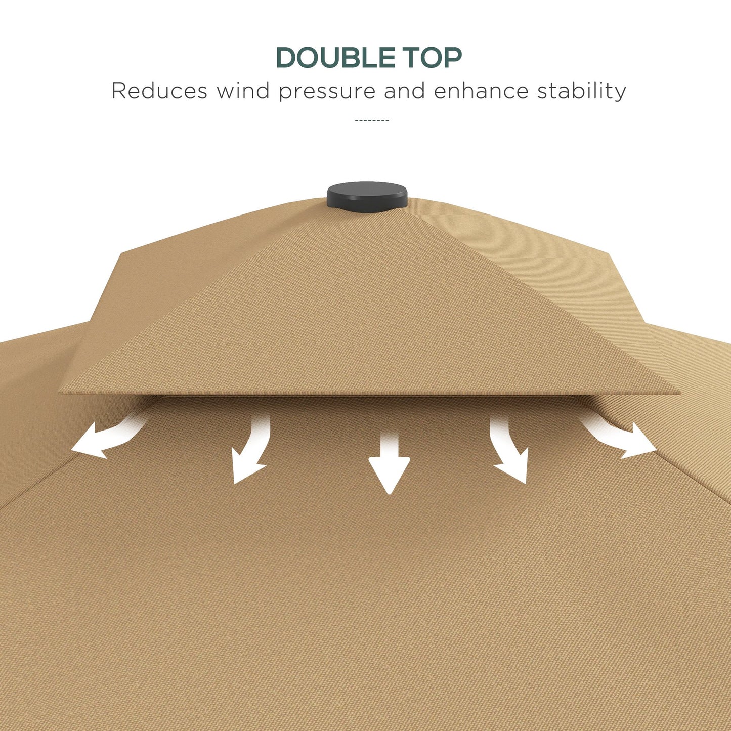 8' x 8' Square Double Top Offset Patio Umbrella Garden Parasol with Solar LED Lights, Ruffles and Weights, Khaki