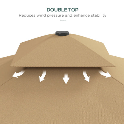8' x 8' Square Double Top Offset Patio Umbrella Garden Parasol with Solar LED Lights, Ruffles and Weights, Khaki