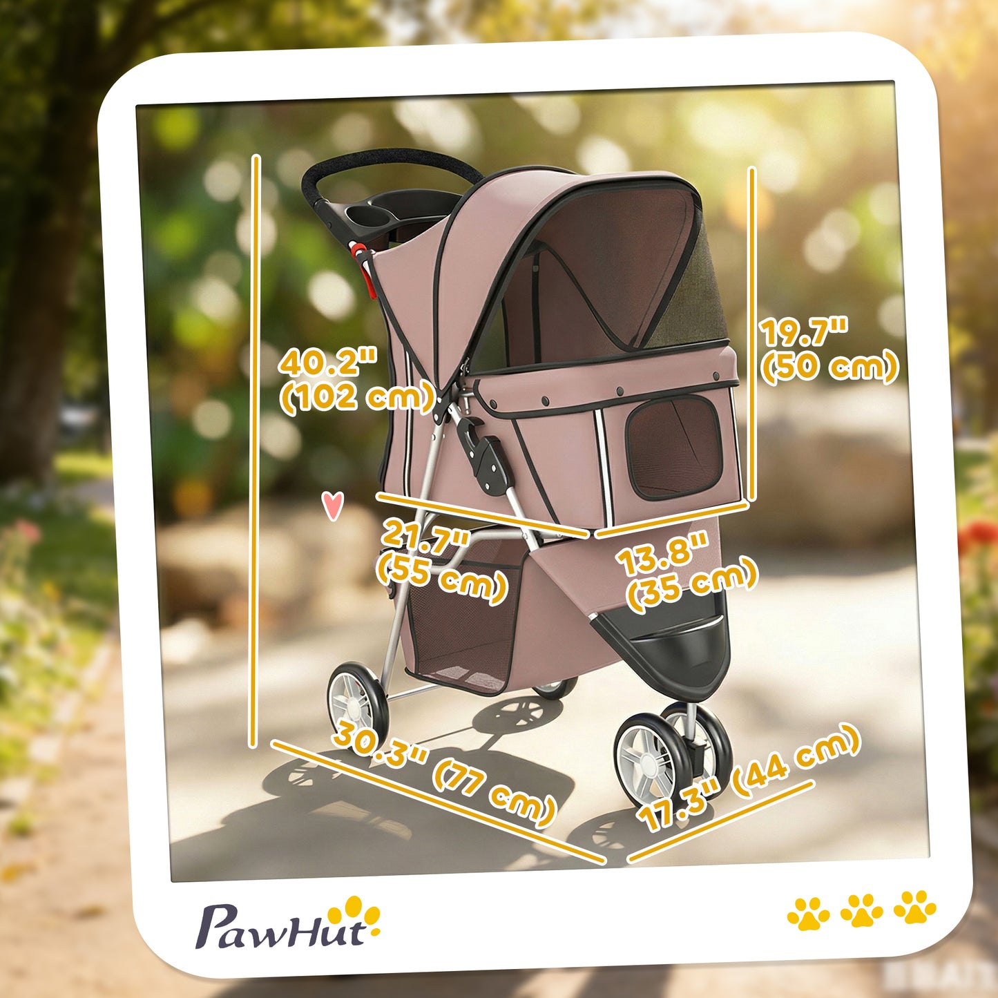 3 Wheels Foldable Dog Stroller with Storage Basket, Adjustable Canopy, Cupholder for Miniature and Small Dogs, Coffee