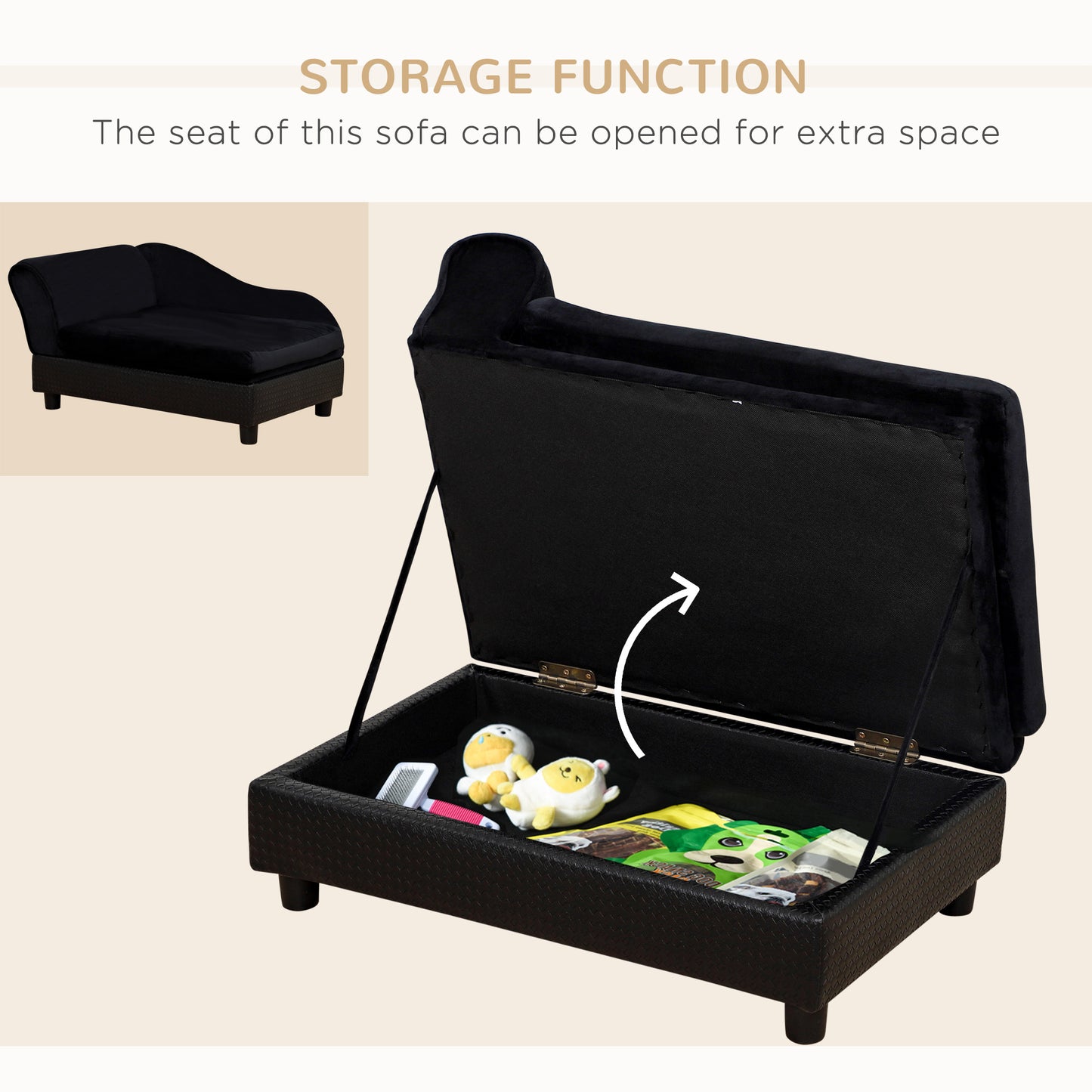 Pet Sofa Dog Couch Chaise Lounge Pet Bed with Storage Function Small Sized Dog Various Cat Sponge Cushioned Bed Lounge, Black